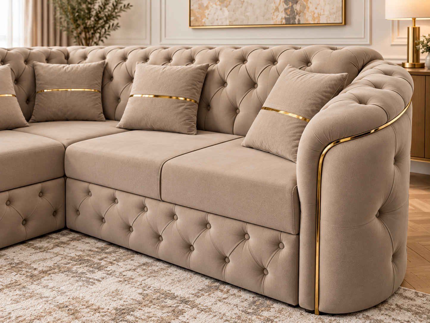 Harem Luxury L-Shaped Corner Sofa – Beige & Gold