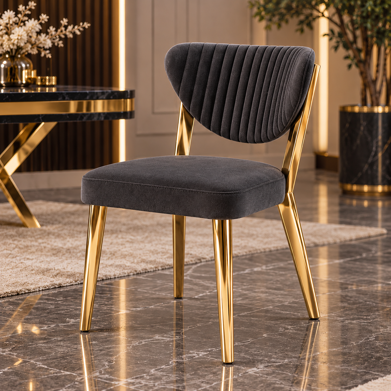 Raja Luxury Dining Table Set with 4 Fubi Chairs – Gold Finish