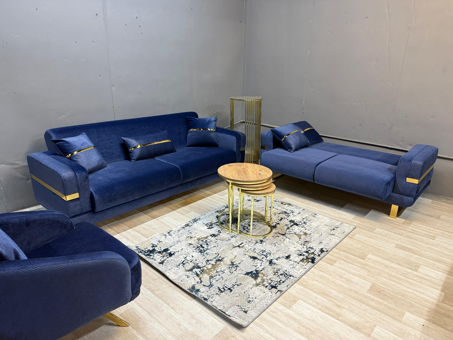 Elegant Prestij Navy Gold Sofa Set - 3 Seater + 2 Seater + 1 Seater with Storage & Bed Functionality | Free UK Delivery