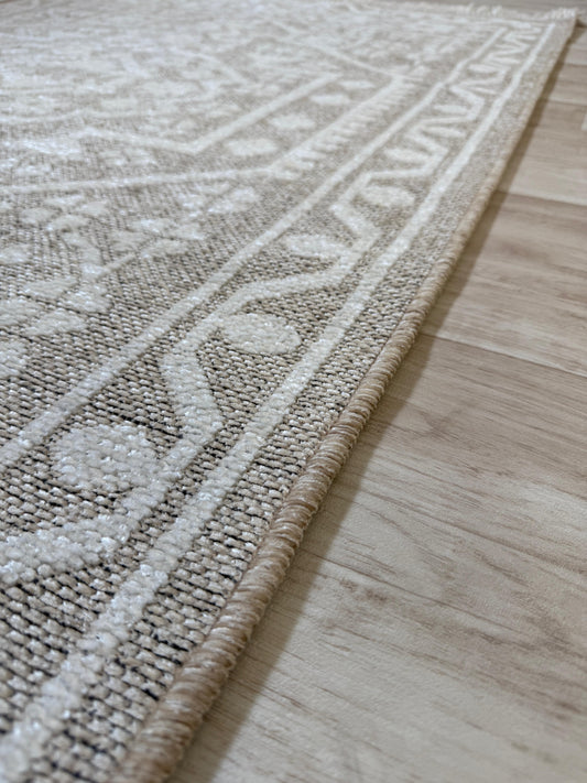Vintage Medallion Kitchen Rug 120x170cm | Non-Slip, Machine Washable, Beige & White