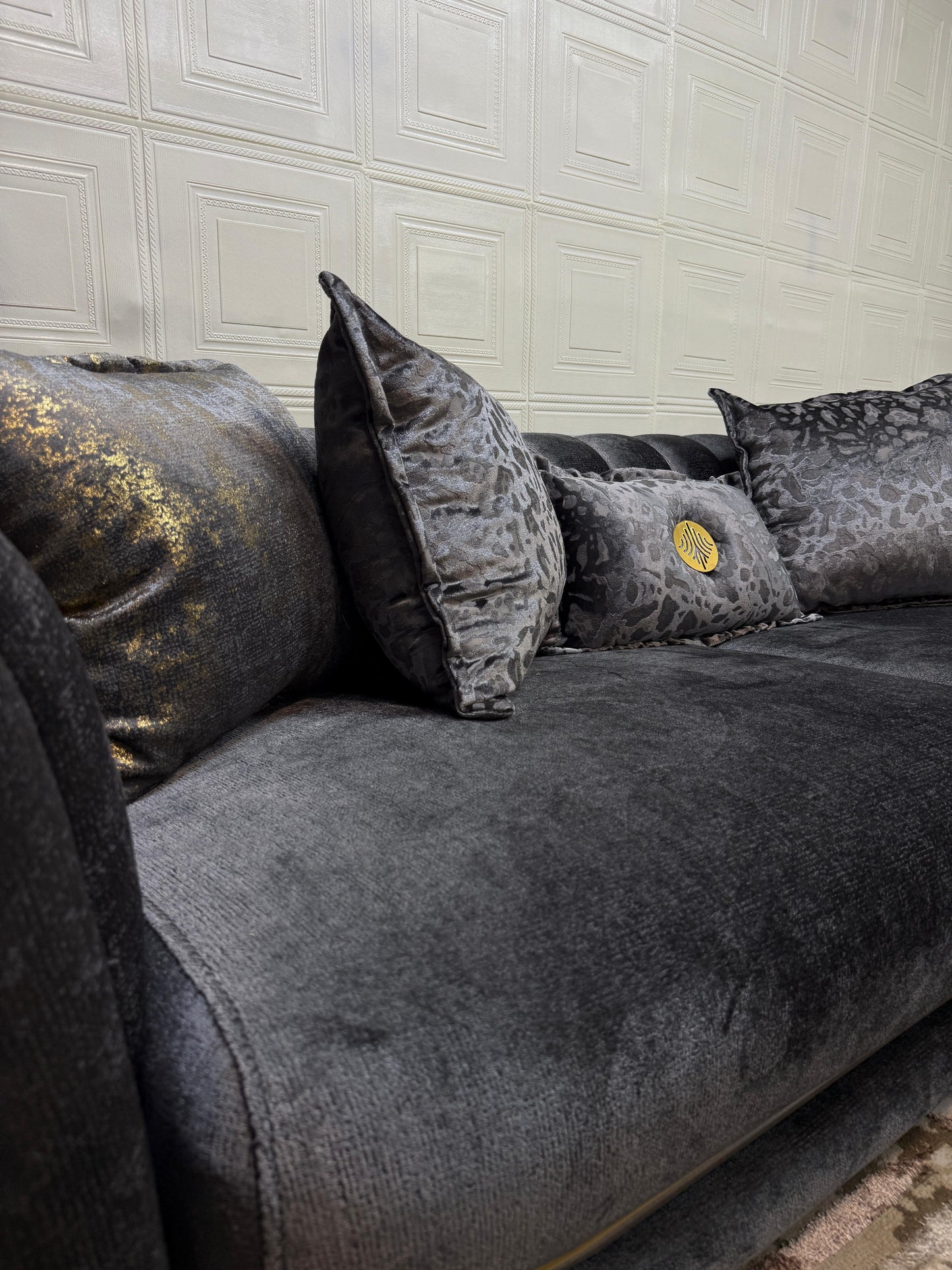 Luxurious Romance Sofa Set - Charcoal with Golden Accents | Bullring Rugs Ltd