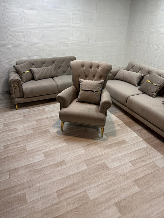 Elitra Sofa Set - Beige with Gold Accents | Bullring Rugs Ltd