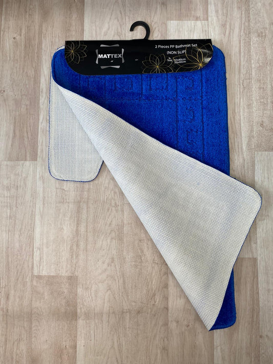 Bright Blue Bathroom Mats - Greek Key Bathmat & Pedestal 2pc Set