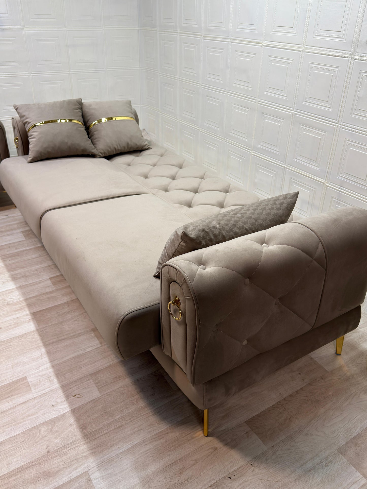 Elitra Sofa Set - Beige with Gold Accents | Bullring Rugs Ltd