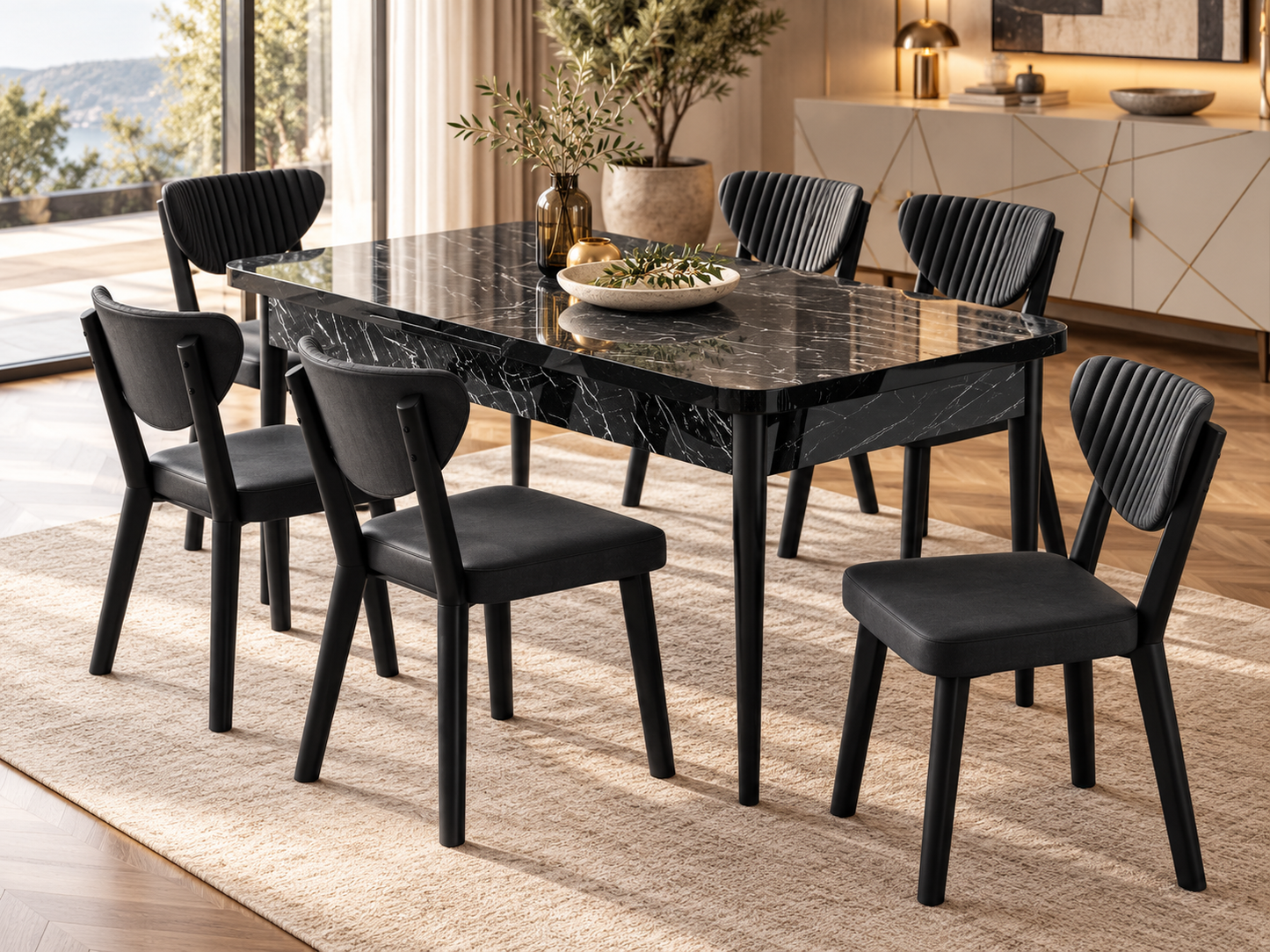 Exve Extendable Dining Table Set with 6 Arfe Chairs