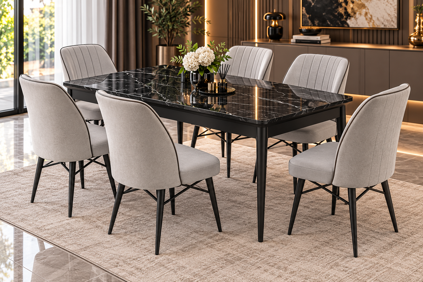 Uzi Extendable Dining Table Set with 6 Nuna Chairs