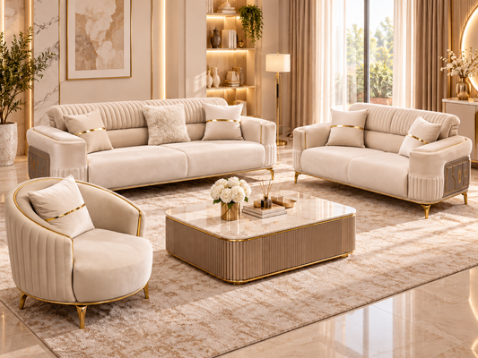 Armoni Luxury Velvet 3+2+1 Sofa Set | Cream & Beige