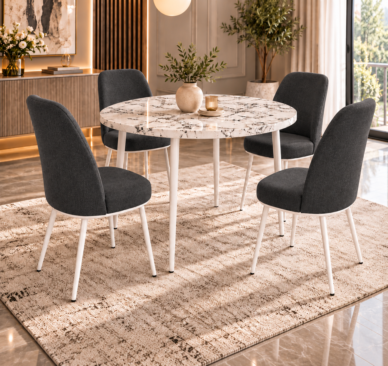 Tor Modern Round Dining Table Set with 4 Dexa Chairs