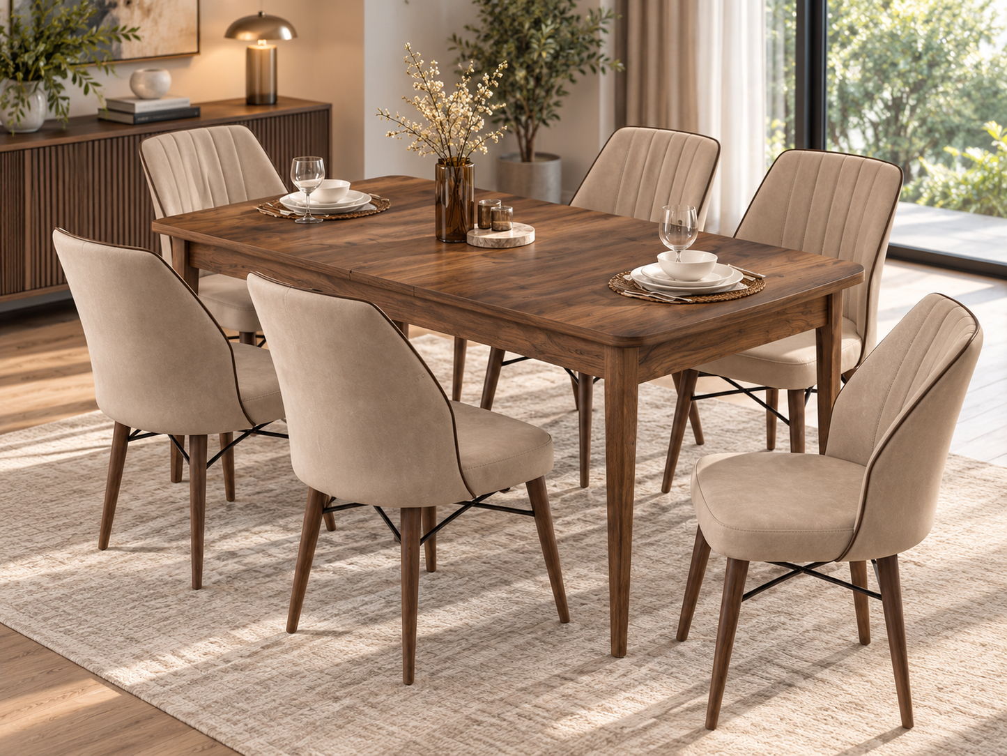 Uzi Extendable Dining Table Set with 6 Nuna Chairs