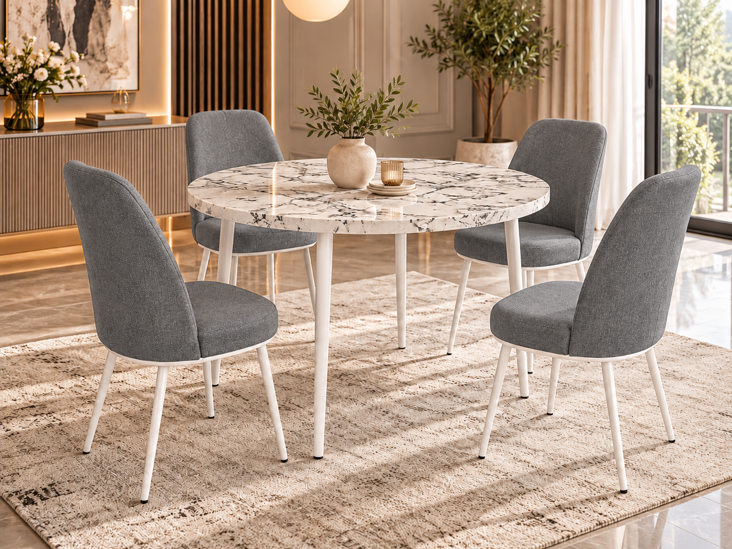 Tor Modern Round Dining Table Set with 4 Dexa Chairs