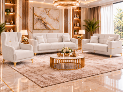 Clara Luxury Velvet 3+2+1 Sofa Set | Cream, Grey & Navy