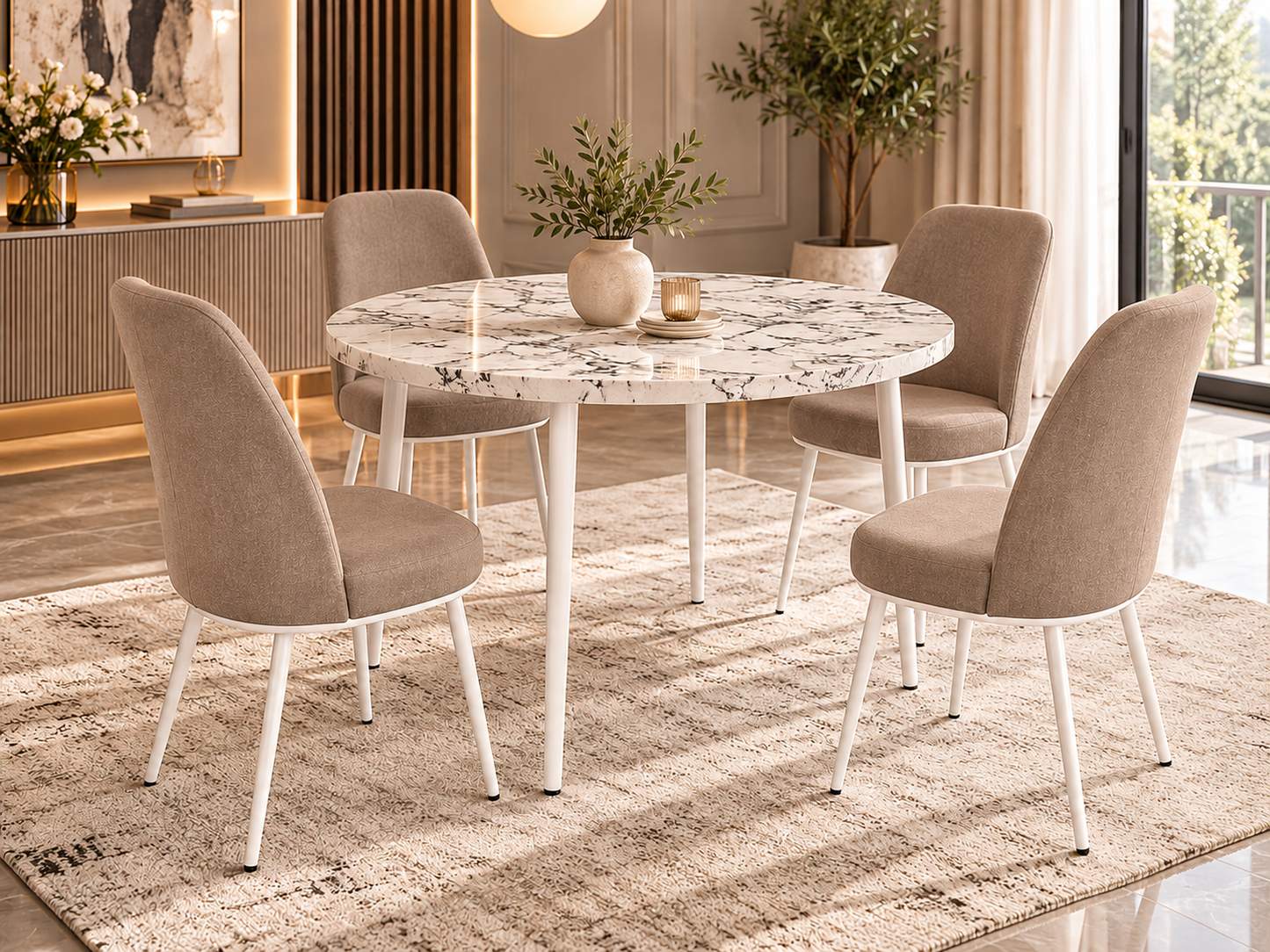 Tor Modern Round Dining Table Set with 4 Dexa Chairs