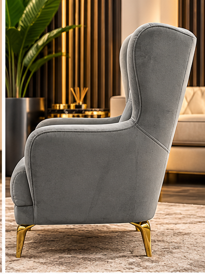 Luxury Grey Velvet Wingback Armchair – Elegant High Back Accent Chair with Gold Legs