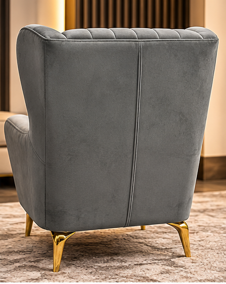 Luxury Grey Velvet Wingback Armchair – Elegant High Back Accent Chair with Gold Legs