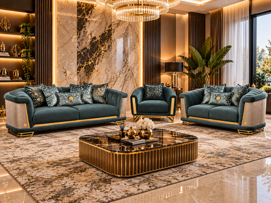 Romance Luxury Velvet 3+2+1 Sofa Set | Beige, Green & Grey
