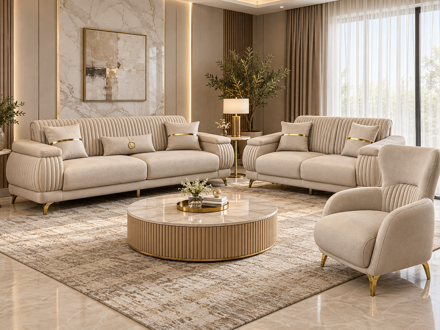 Resital Luxury Plush Velvet 3+2+1 Sofa Set | Dark Grey, Light Grey & Beige