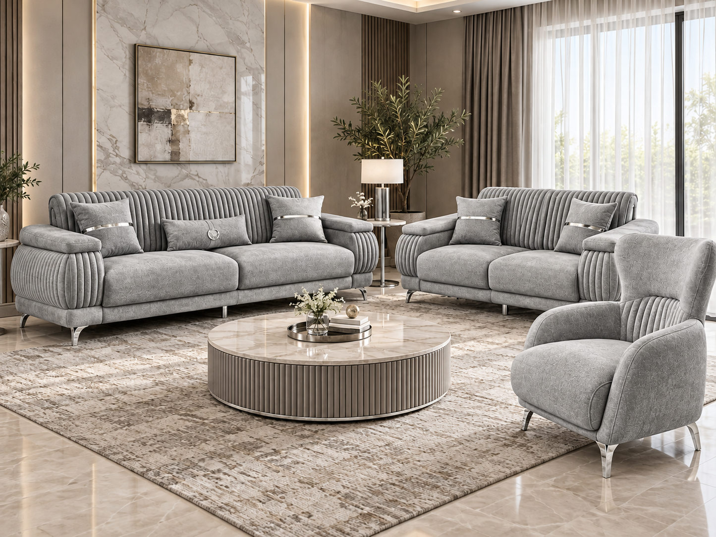 Resital Luxury Plush Velvet 3+2+1 Sofa Set | Dark Grey, Light Grey & Beige