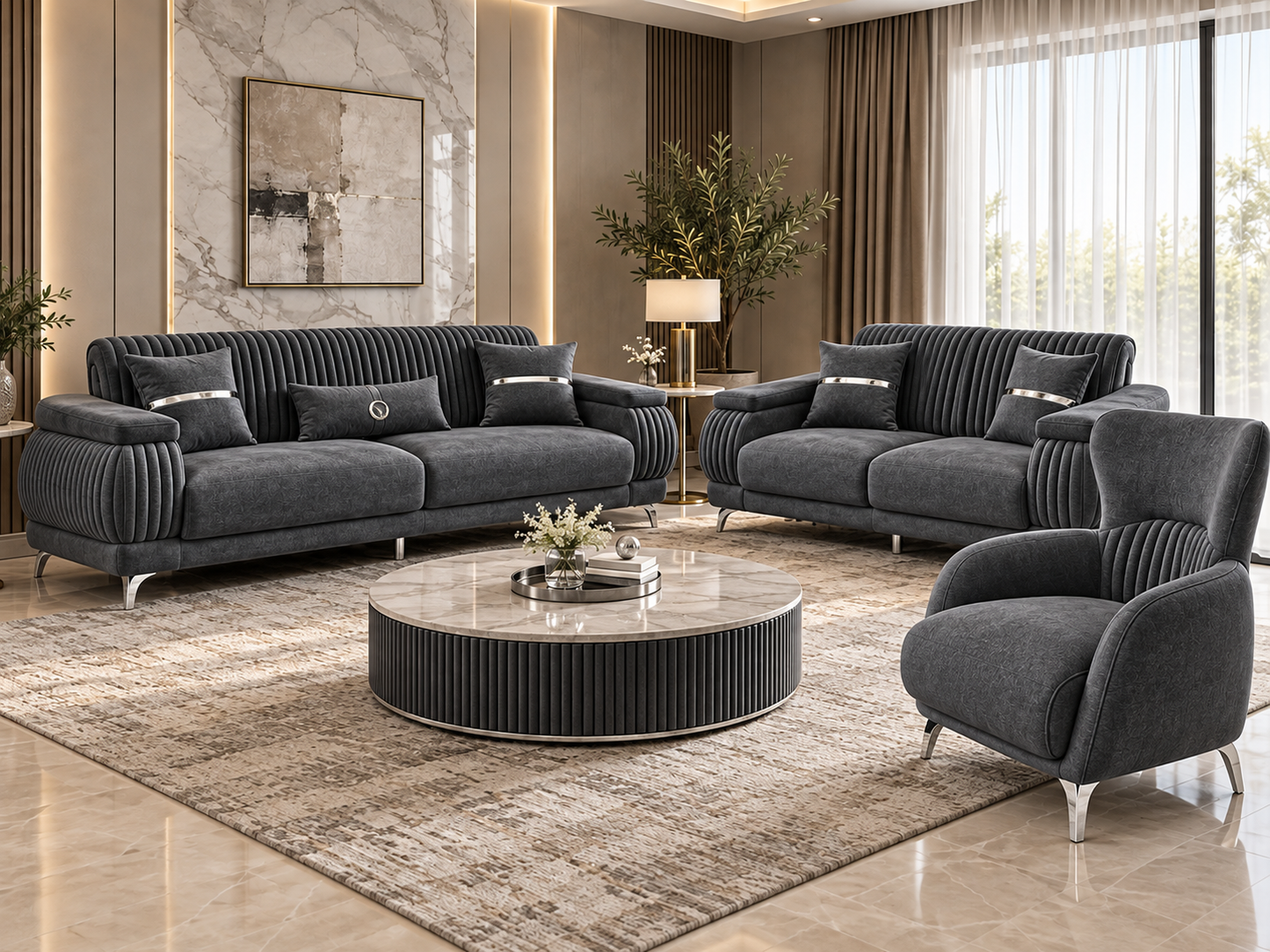 Resital Luxury Plush Velvet 3+2+1 Sofa Set | Dark Grey, Light Grey & Beige
