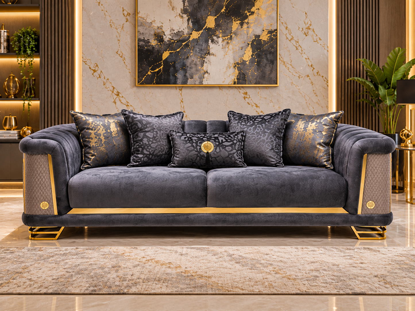 Romance Luxury Velvet 3+2+1 Sofa Set | Beige, Green & Grey