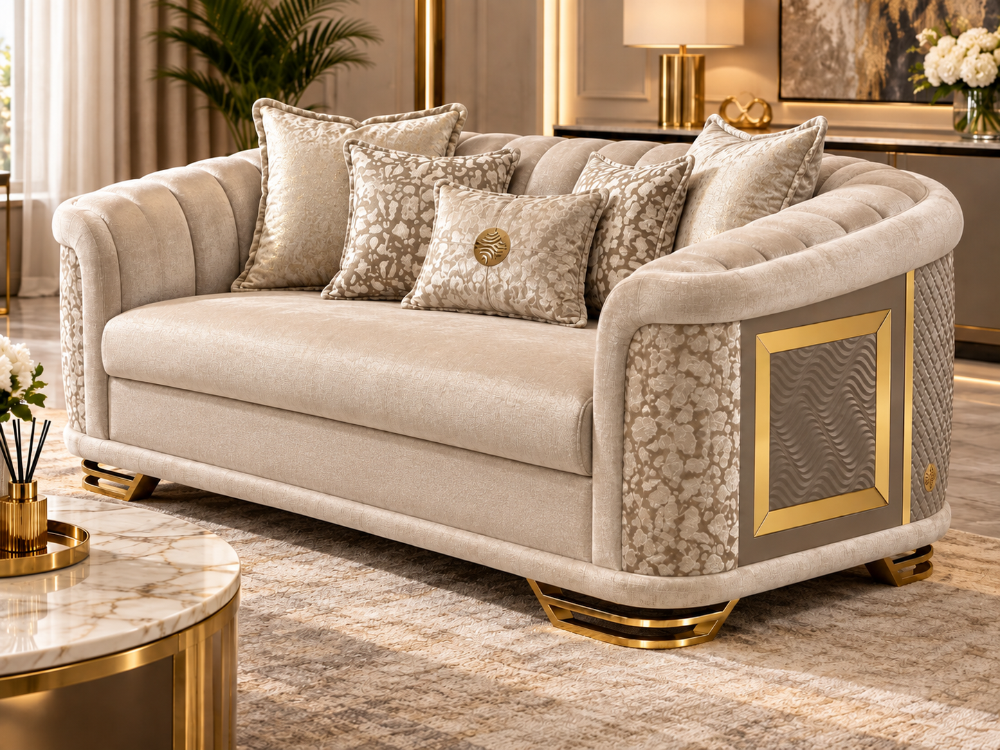 Romance Luxury Velvet 3+2+1 Sofa Set | Beige, Green & Grey
