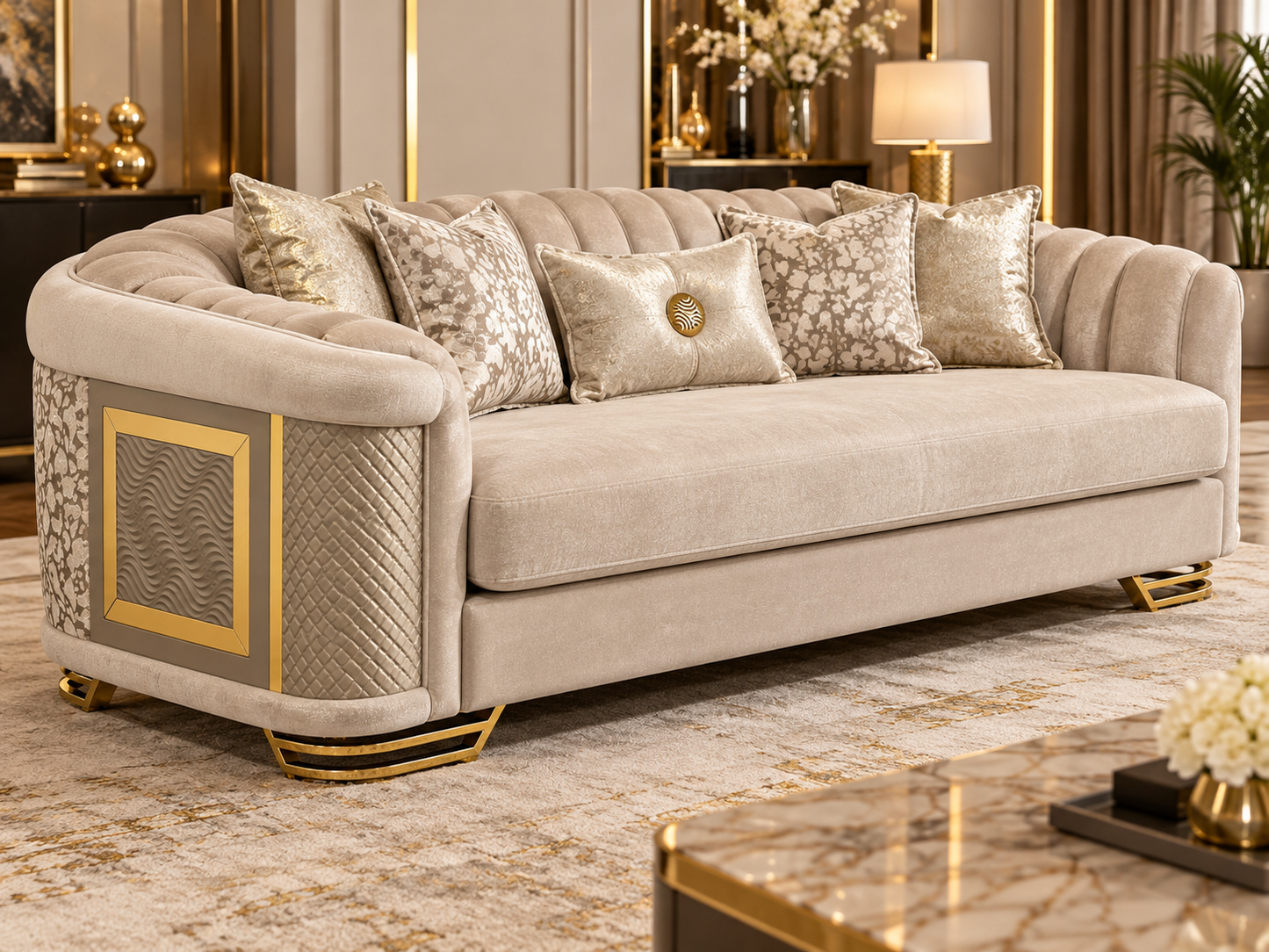 Romance Luxury Velvet 3+2+1 Sofa Set | Beige, Green & Grey