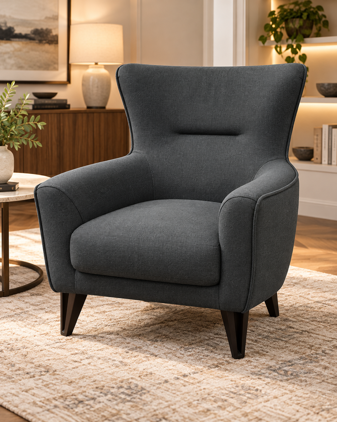 Luxury Charcoal Grey Fabric Armchair – Modern High Back Accent Chair