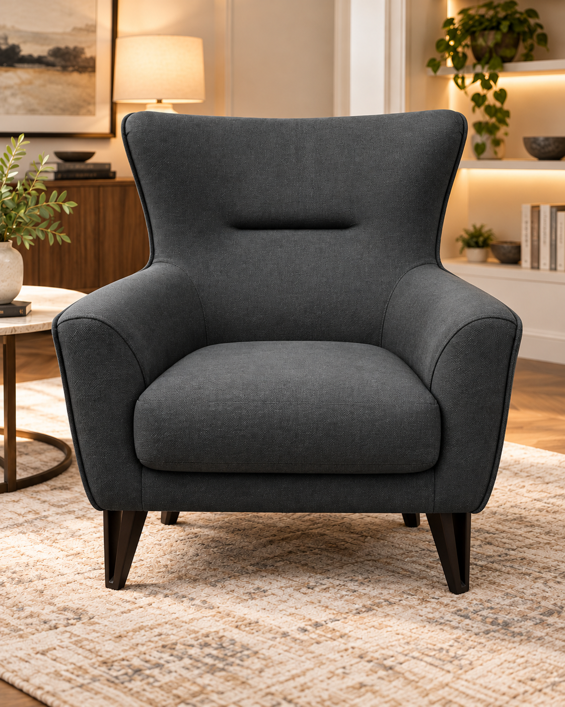 Luxury Charcoal Grey Fabric Armchair – Modern High Back Accent Chair