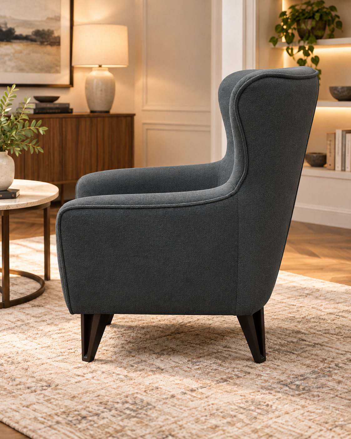 Luxury Charcoal Grey Fabric Armchair – Modern High Back Accent Chair