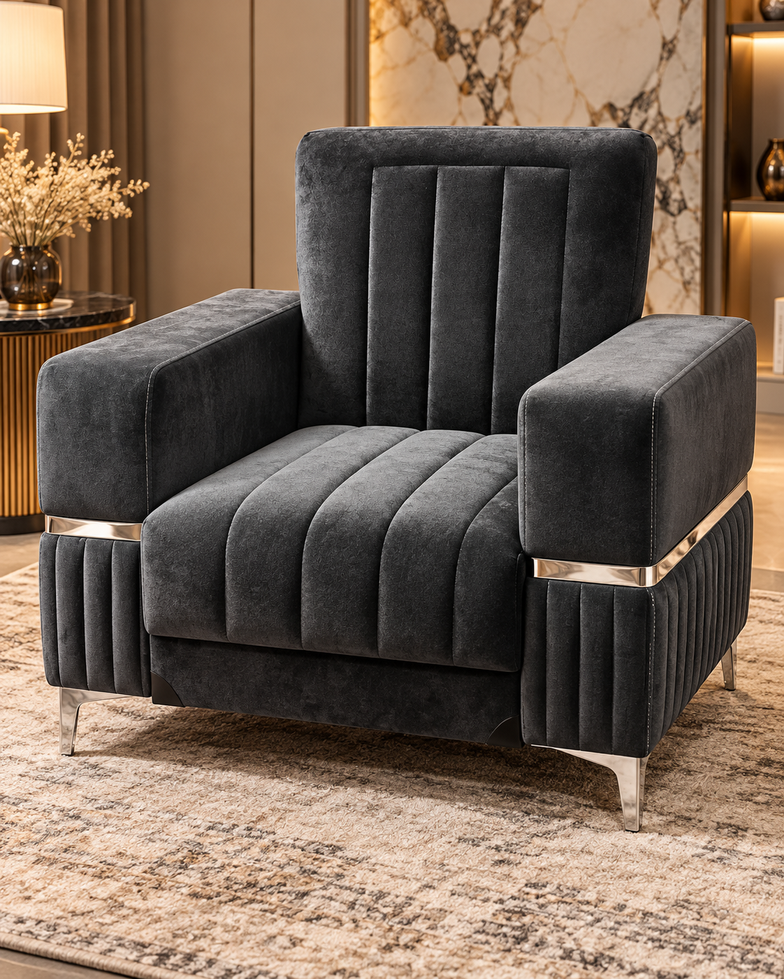 Luxury Velvet Storage Armchair – Modern Accent Chair with Chrome Trim