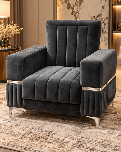 Luxury Velvet Storage Armchair – Modern Accent Chair with Chrome Trim