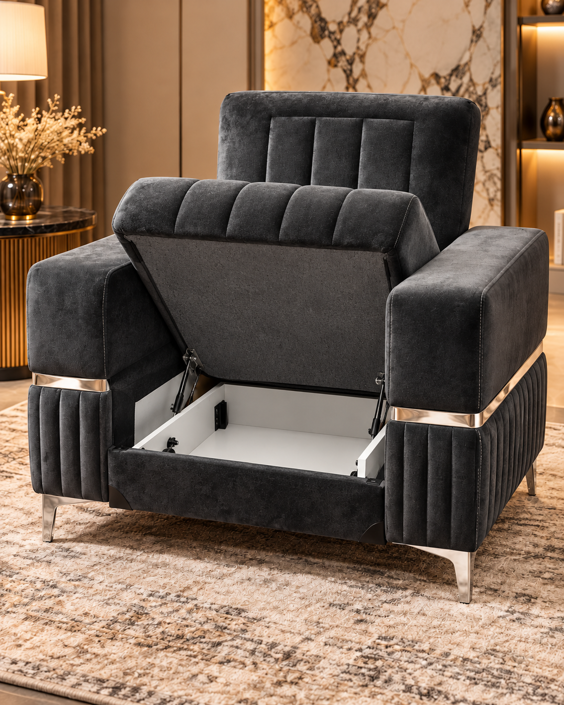 Luxury Velvet Storage Armchair – Modern Accent Chair with Chrome Trim
