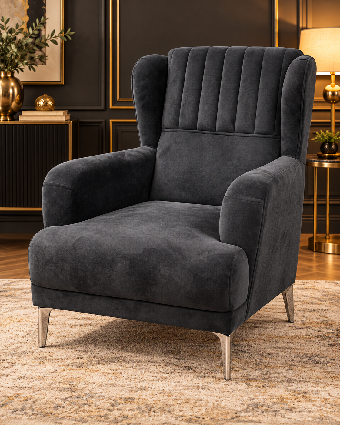 Luxury Charcoal Velvet Wingback Armchair – Modern Accent Chair with Silver Legs