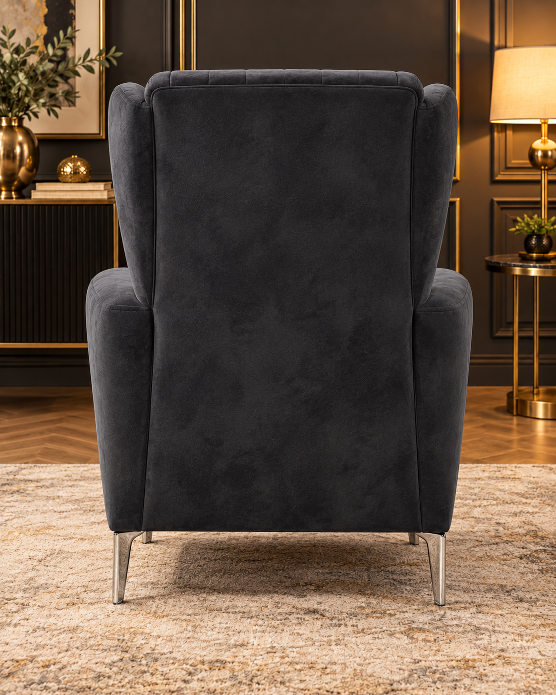 Luxury Charcoal Velvet Wingback Armchair – Modern Accent Chair with Silver Legs