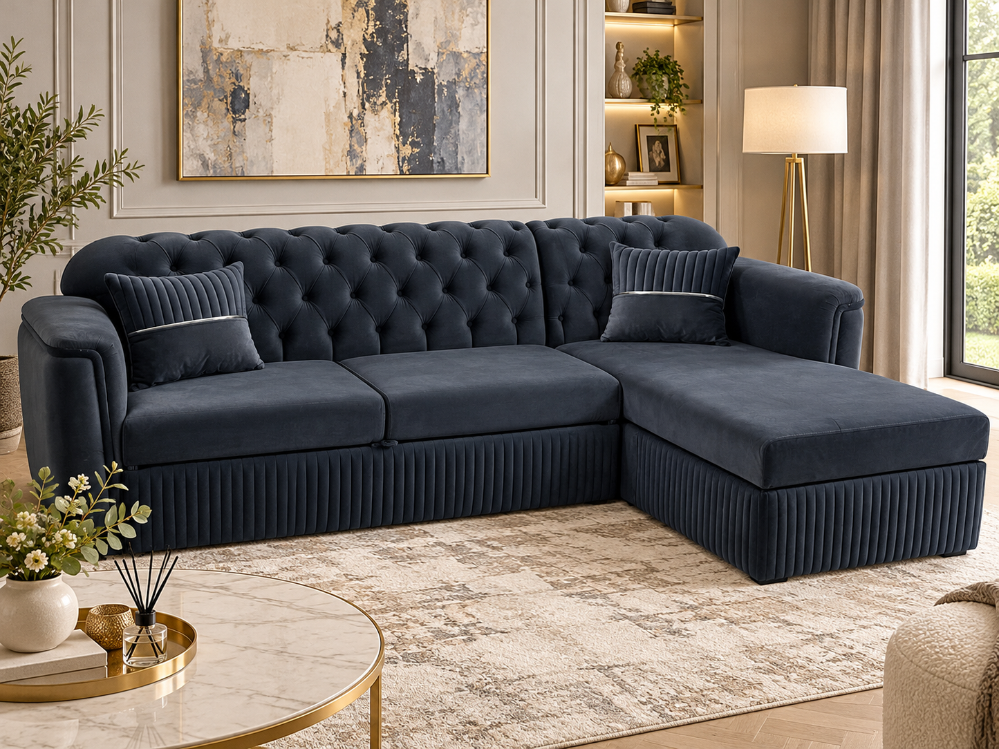 Aura Luxury Velvet Corner Sofa Bed – 300 × 160cm | Navy