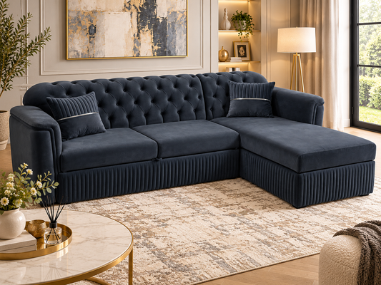 Aura Luxury Velvet Corner Sofa Bed – 300 × 160cm | Navy
