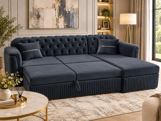 Aura Luxury Velvet Corner Sofa Bed – 300 × 160cm | Navy