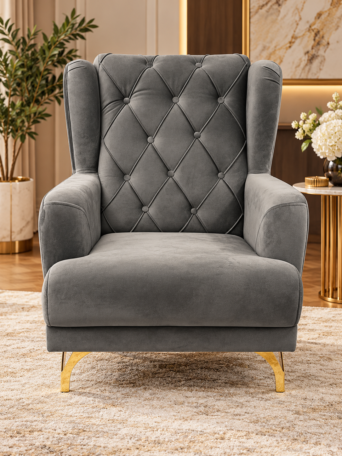 Luxury Grey Velvet Diamond-Tufted Wingback Armchair