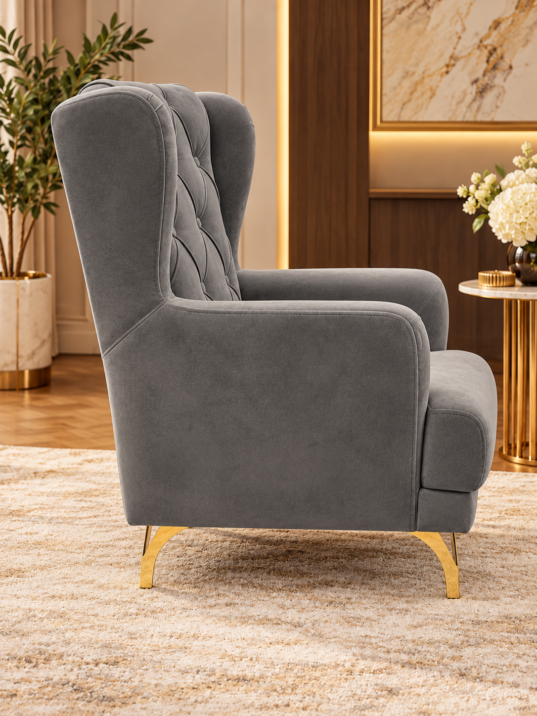 Luxury Grey Velvet Diamond-Tufted Wingback Armchair