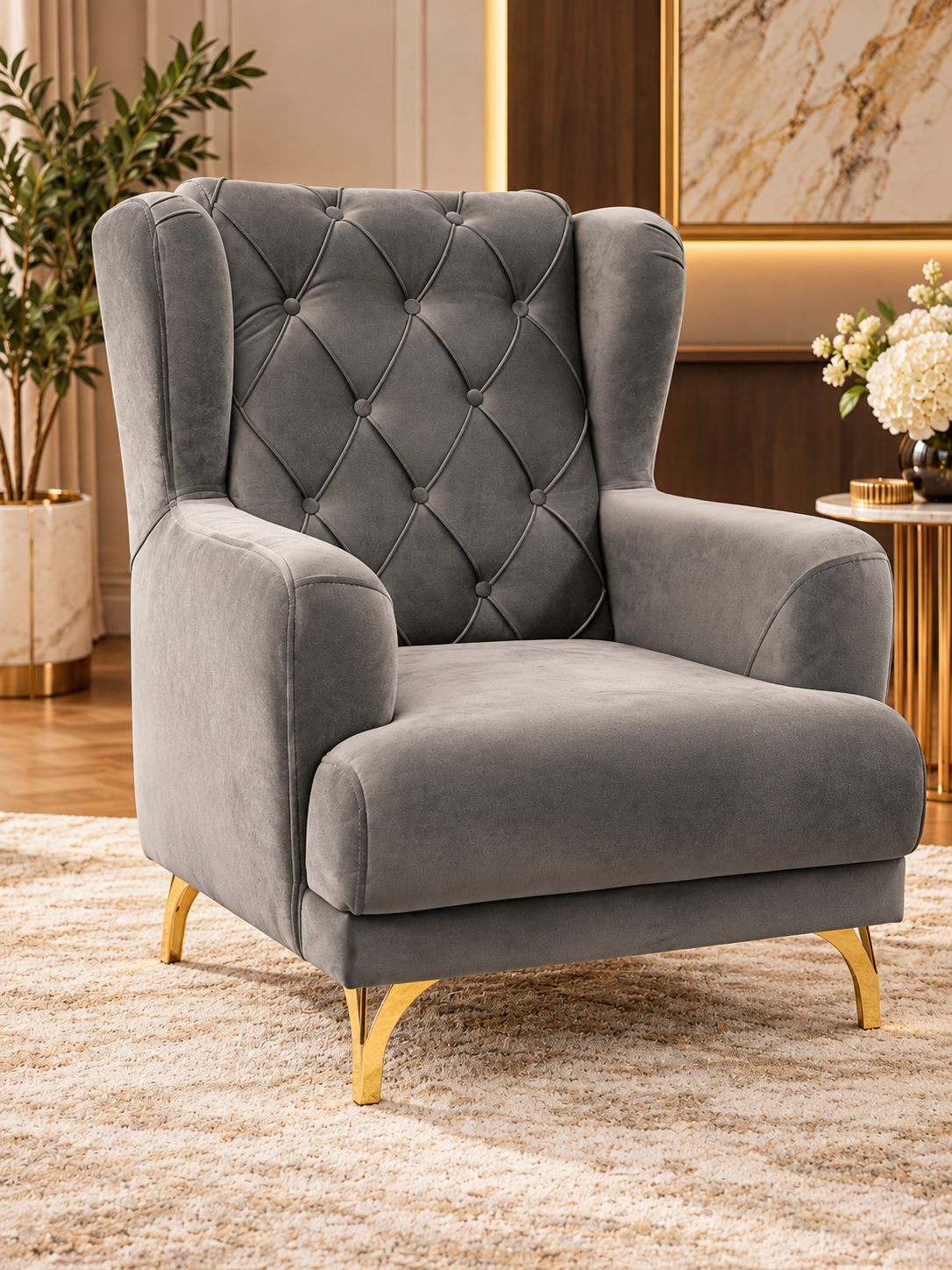 Luxury Grey Velvet Diamond-Tufted Wingback Armchair