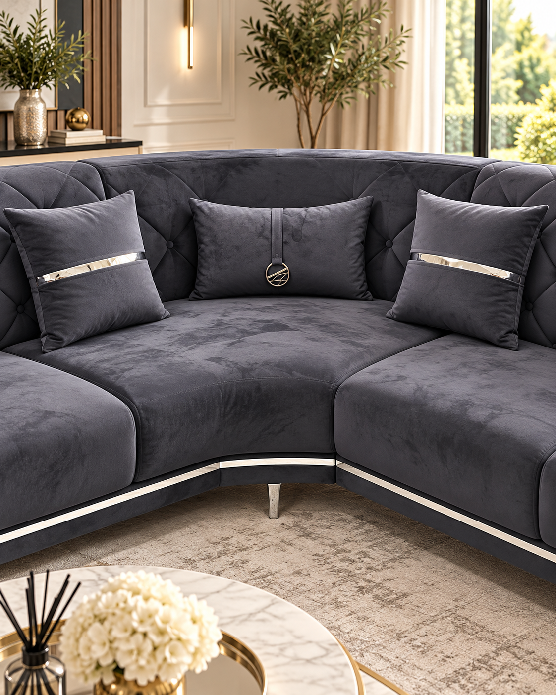 Bolivia Luxury Velvet Corner Sofa – Dark Grey | 315 × 315cm