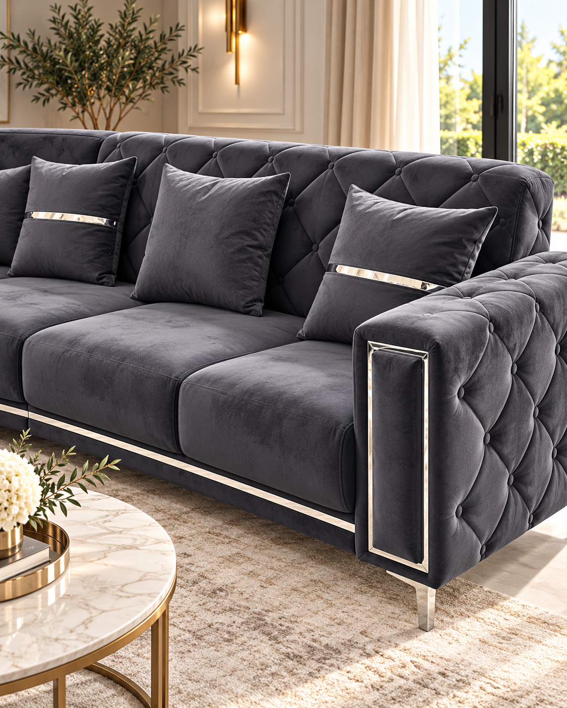 Bolivia Luxury Velvet Corner Sofa – Dark Grey | 315 × 315cm