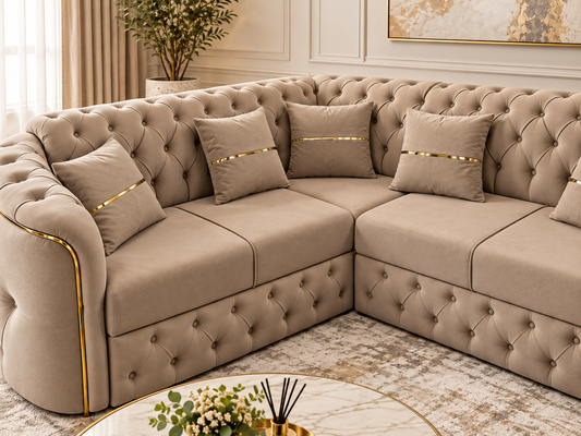Harem Luxury L-Shaped Corner Sofa – Beige & Gold