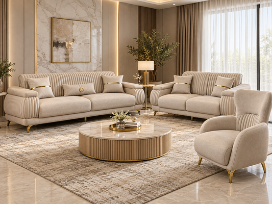 Resital Luxury Plush Velvet 3+2+1 Sofa Set | Dark Grey, Light Grey & Beige