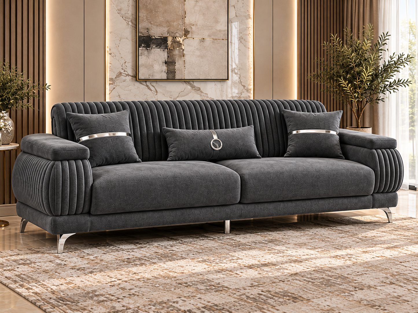 Resital Luxury Plush Velvet 3+2+1 Sofa Set | Dark Grey, Light Grey & Beige
