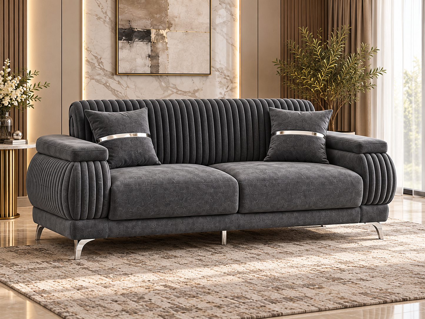 Resital Luxury Plush Velvet 3+2+1 Sofa Set | Dark Grey, Light Grey & Beige