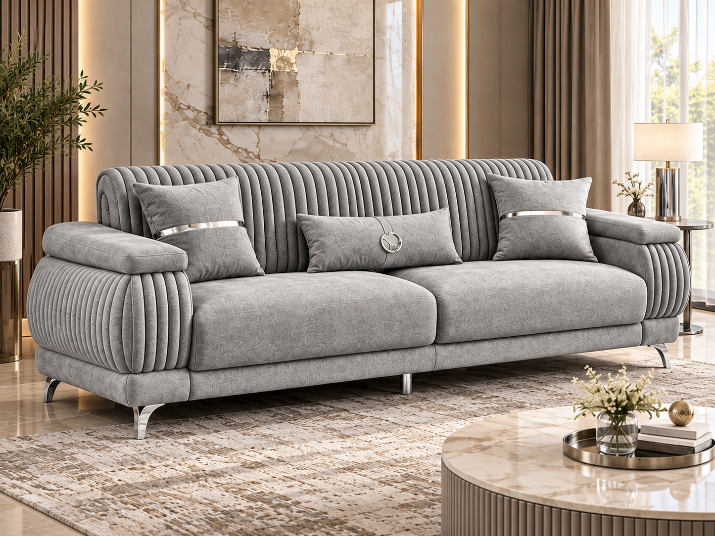 Resital Luxury Plush Velvet 3+2+1 Sofa Set | Dark Grey, Light Grey & Beige