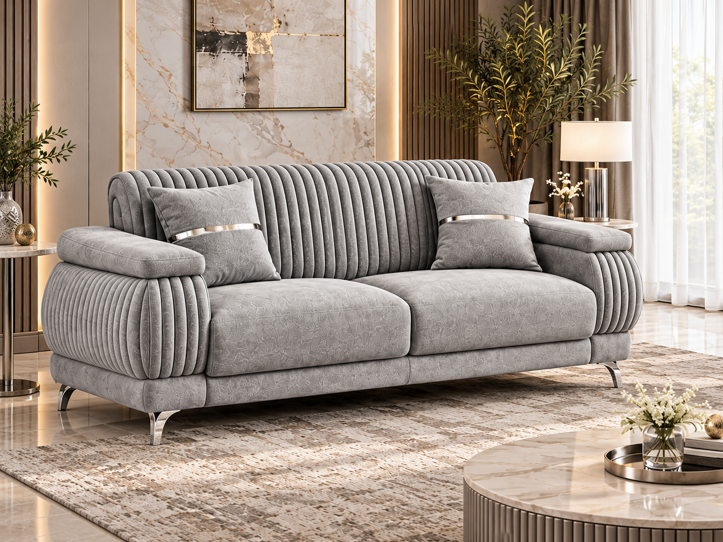 Resital Luxury Plush Velvet 3+2+1 Sofa Set | Dark Grey, Light Grey & Beige