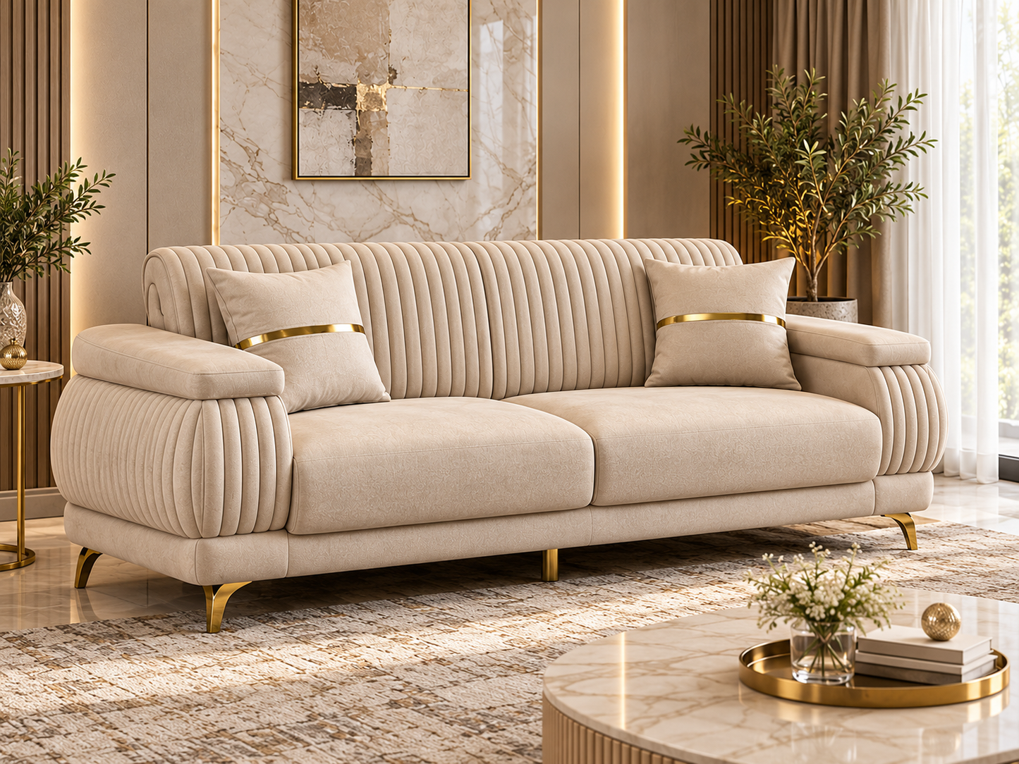 Resital Luxury Plush Velvet 3+2+1 Sofa Set | Dark Grey, Light Grey & Beige