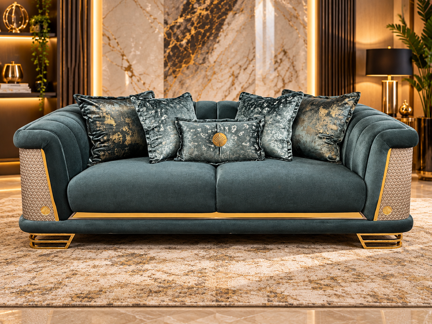 Romance Luxury Velvet 3+2+1 Sofa Set | Beige, Green & Grey