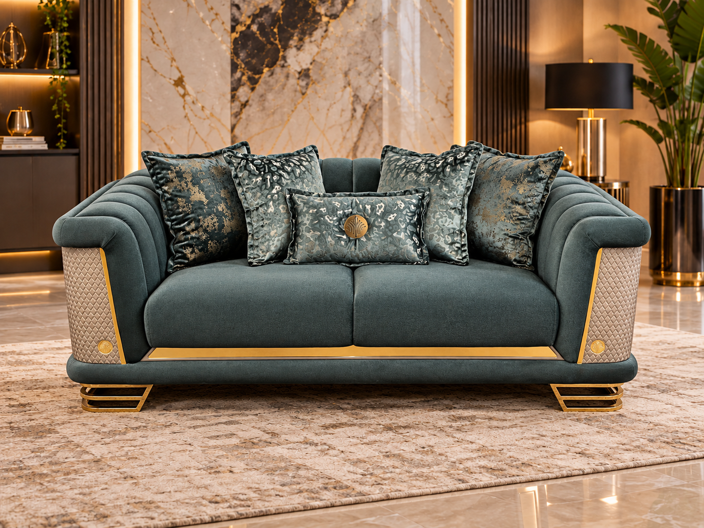 Romance Luxury Velvet 3+2+1 Sofa Set | Beige, Green & Grey